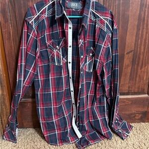 BKE Men's Casual Red and Blue Plaid Shirt